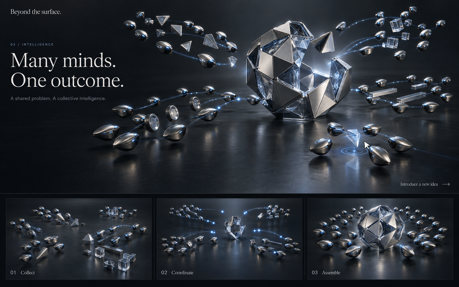 Agent swarm concept: four metallic teams collect pieces, exchange signals, and assemble a shared sculpture